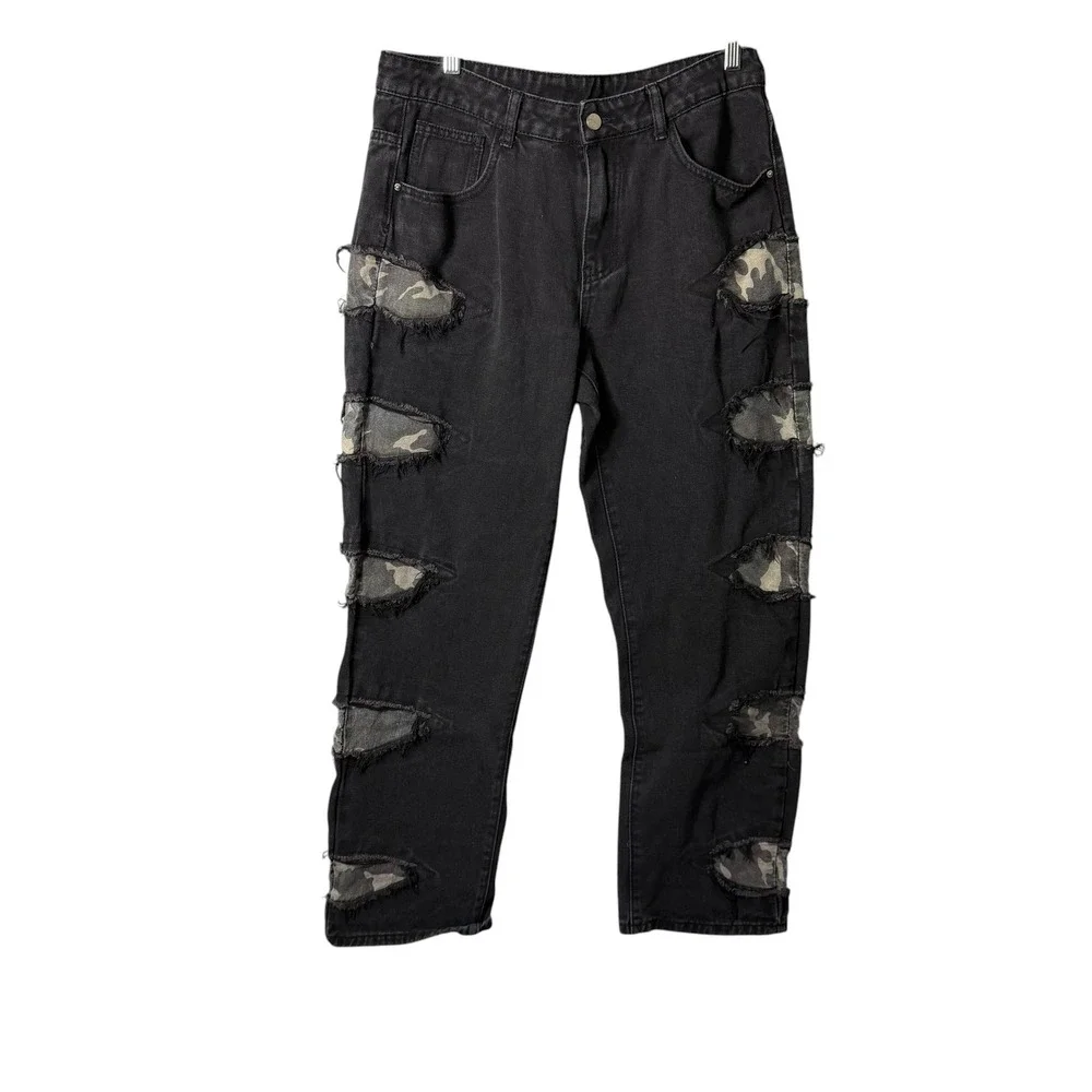 SHEIN Mens Black Distressed Camo Inset Straight Leg Jeans Size Medium 34 x 29.5